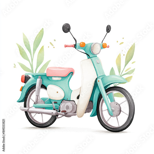 Vintage Scooter Watercolor Illustration, Retro Moped Art