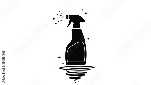 Black silhouette cleaning spray bottle with spraying liquid and reflection on white background for cleaning and household concept