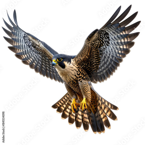 A magnificent Peregrine Falcon captured in full flight against a stark black background.