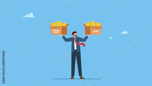Businessman investor holding or balance ETF box on left hand and mutual fund box on right hand. ETF, index fund or mutual fund alternative.