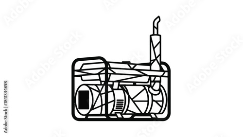 Black line drawing illustration of vintage gas pump fuel nozzle and tank in simple minimalist style for industrial energy or transportation concept