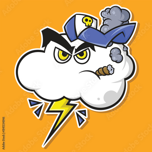 Angry Cartoon Storm Cloud Mascot Vector Illustration with Lightning Bolt and Cap