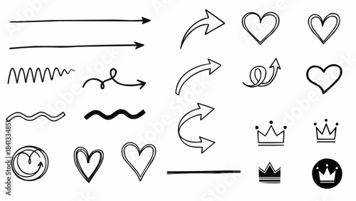 Hand drawn doodle arrows hearts and crowns collection.