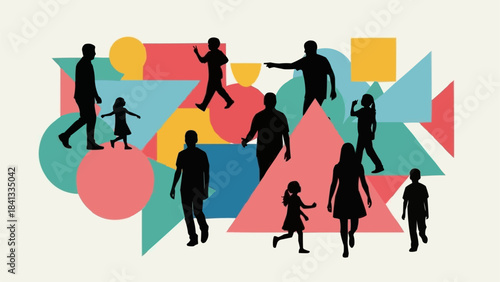 Silhouettes of diverse people, including adults and children, walking and interacting.