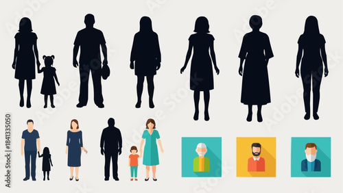 Diverse Collection of People Silhouettes and Flat Design Avatars Representing Various Ages and Genders.