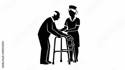 Elderly man with walker assisted by nurse silhouette.