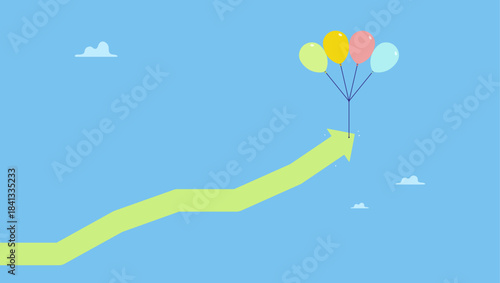 Balloons tied with rising up green graph flying high in the sky. Market rising up, economic growth, high performance profit increase or prosperity.