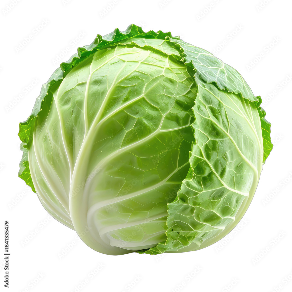 Fototapeta premium A vibrant green head of fresh cabbage isolated against a solid black background.