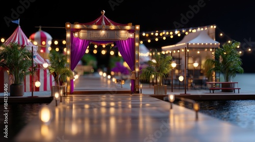 Wallpaper Mural Colorful carnival entrance with festive lights and decorations at night with wooden boardwalk and surrounding booths Torontodigital.ca