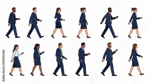 Diverse group of business professionals walking in a line.