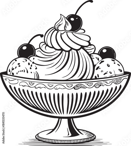Triple Scoop Ice Cream Sundae Silhouette – Black Line Vector Illustration with Whipped Cream, Cherries, and Pedestal Bowl
