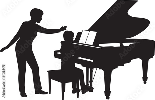 Woman piano teacher instructing student playing grand piano music lesson silhouette