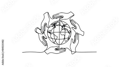 Continuous line drawing of hands holding globe earth sustainable eco friendly concept in minimalist style