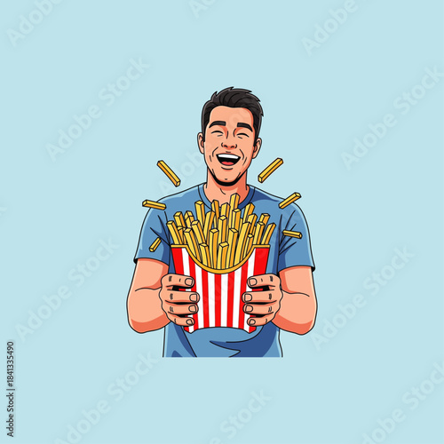 Man holding french fries smiling icon flat vector design.
