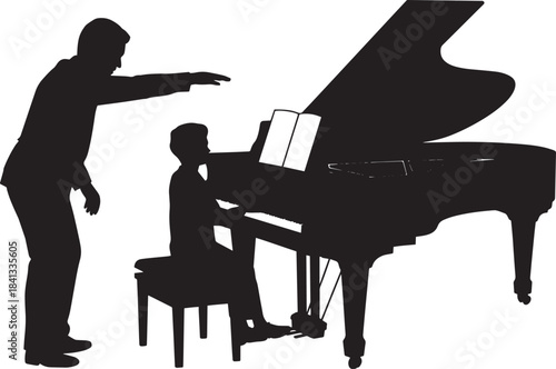 Male piano teacher instructing child student playing grand piano music school silhouette