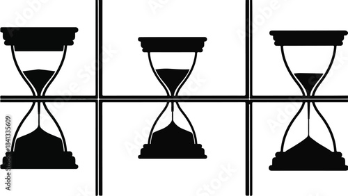 Three black hourglasses in grid pattern on white background, time management concept, business productivity symbol, modern office desk accessory