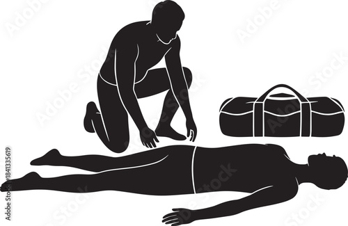 Medical first aid emergency procedure silhouette of person assisting injured patient lying down