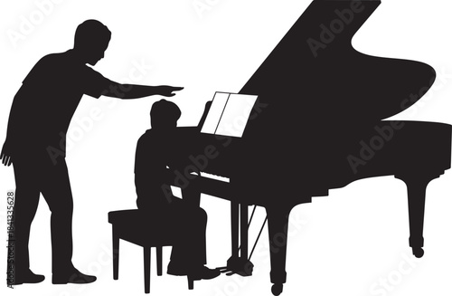 Man piano instructor guiding student playing grand piano music class silhouette