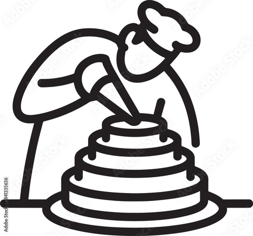 Minimalist outline drawing of baker decorating multi tiered cake using piping bag simple monoline vector graphic illustration.