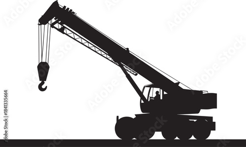 Modern mobile telescoping boom crane silhouette heavy construction vehicle machinery vector illustration