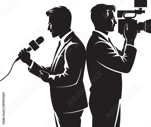 News reporter holding microphone next to cameraman with video camera black and white silhouette vector