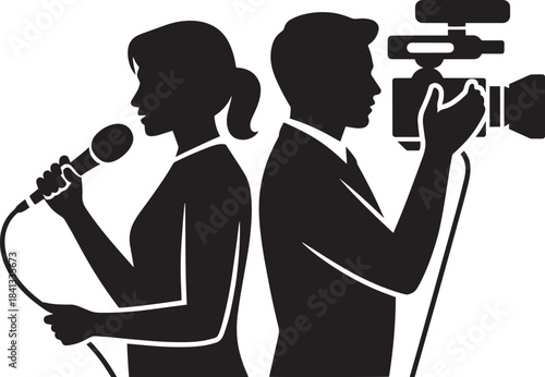 News reporters silhouette with microphone and camera black vector illustration isolated on transparent background