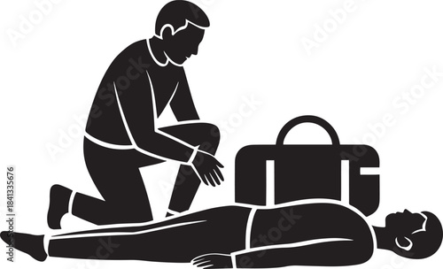 Professional first aid responder assisting injured patient lying on ground near medical bag silhouette vector.