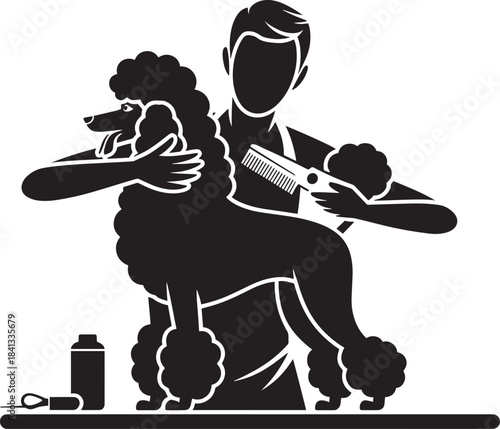 Pet groomer combing poodle dog hair with clipper and comb black and white silhouette vector