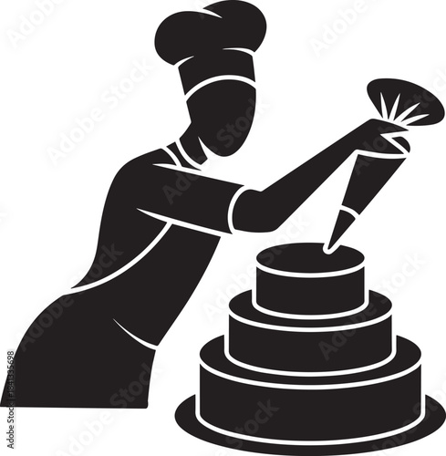 Professional pastry chef baker decorating large tiered wedding cake using piping bag black silhouette graphic icon vector.