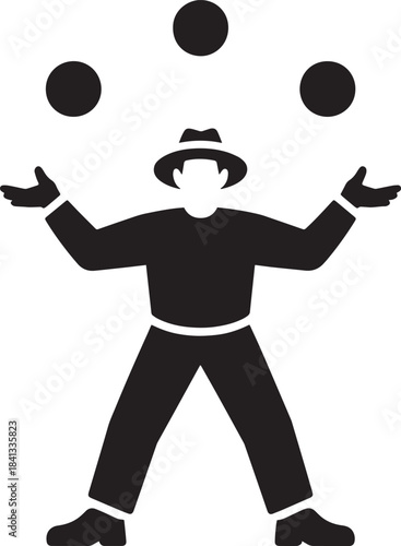 Silhouette of man in hat juggling three balls black vector illustration isolated on transparent background