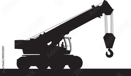 Silhouette illustration of large heavy duty construction crane vehicle with operator at work