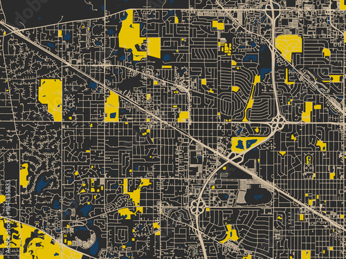 Urban map of Palatine, Illinois in a dark flat palette: graphite black base with warm cream road network, signal-yellow open areas and inky blue waterways