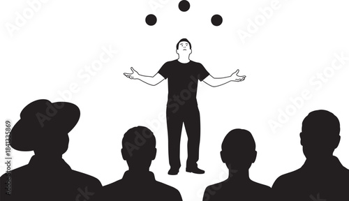 Silhouette street performer juggling three balls watched by audience black vector illustration