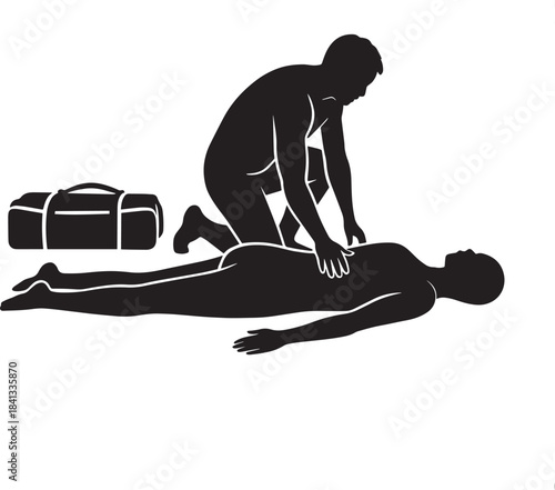 Silhouette of person performing cardiopulmonary resuscitation on victim with medical bag nearby emergency care.
