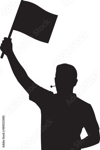 Soccer or football linesman silhouette holding signaling flag up signaling offside or boundary violation.
