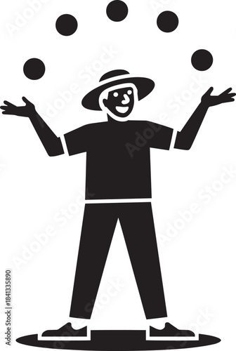 Smiling juggler silhouette juggling four balls black vector illustration isolated on transparent background