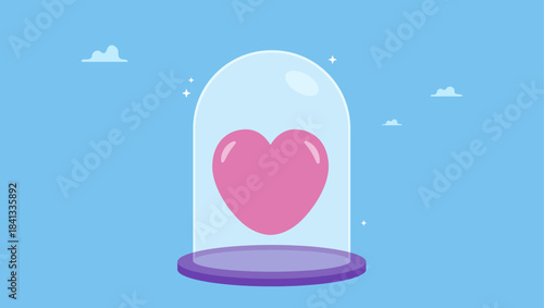 Shiny heart shape covered inside strong glass dome. Life insurance family protection, guarding and security cover your love one, protect from illness, health or disease.
