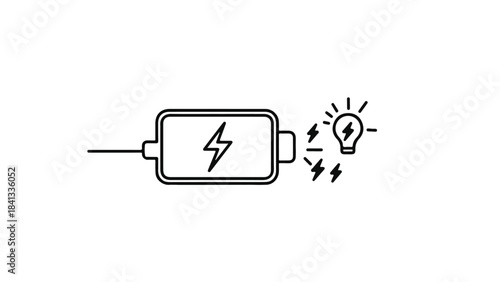 Electricity battery charging symbol with light bulb and lightning bolts, representing innovative energy solution and power concept