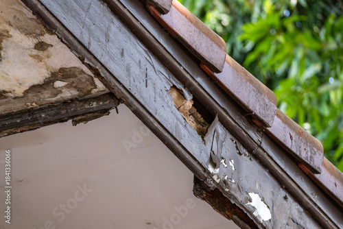 damaged roof eaves with rotten wood and peeling paint requiring home repair