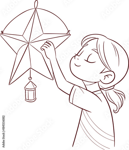 Cartoon illustration of a little girl character with a flower dress and a Christmas gift