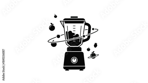 Modern black blender with fresh fruits and vegetables around, healthy kitchen appliance for smoothie preparation, cooking and nutrition concept, home and professional use