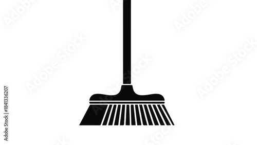 Simple black broom icon with handle and bristles on white background for cleaning or gardening concept