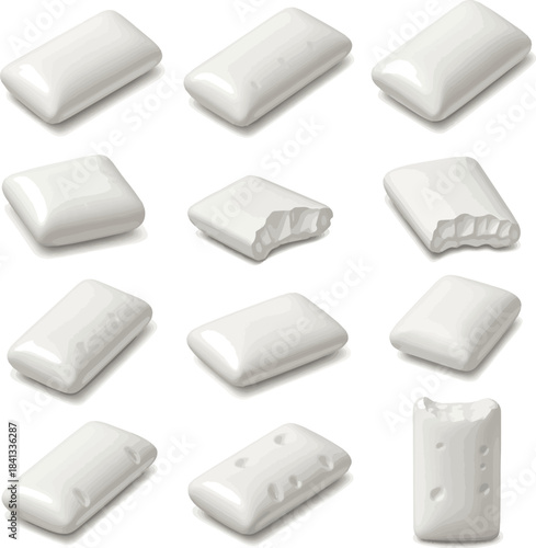 Create a kinds of deferent realistic white rectangular chewing gum piece is isolated and clean, presented high quality image. vector art with white background.