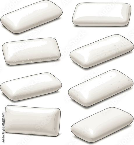 Create a kinds of deferent realistic white rectangular chewing gum piece is isolated and clean, presented high quality image. vector art with white background.