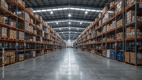 Wallpaper Mural Industrial warehouse with orderly shelves stacked with boxes, representing logistics and storage solutions Torontodigital.ca