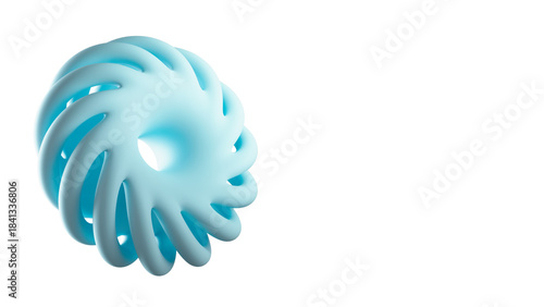 3D render of a complex blue abstract spiral torus knot viewed from a dynamic angle. Clean, modern geometric graphic ideal for technology, engineering, or science concepts. Isolated on a light backgrou