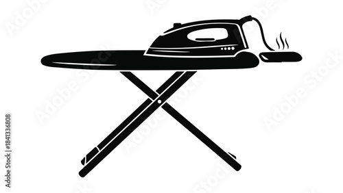 Black silhouette of iron and ironing board on white background, laundry and household chore concept