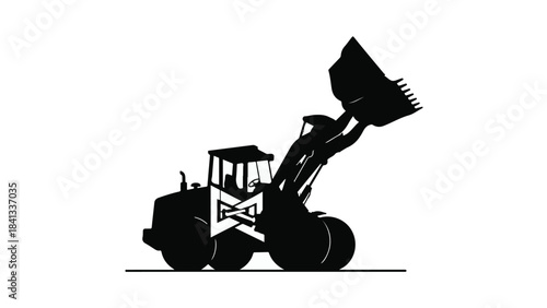 Black silhouette of a tractor with a front loader bucket in motion on a white background, industrial agricultural vehicle concept