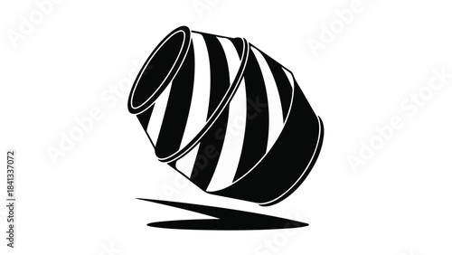 Black and white striped cylinder icon graphic illustration rotating in mid-air with shadow