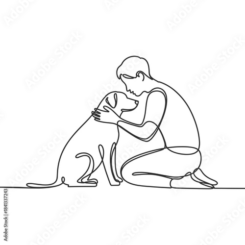 A continuous line art drawing illustrating a person tenderly embracing a dog, representing a strong bond